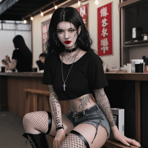 AI generated: A goth girl, about 18 years old, messy black hair in an asymmetrical cut, brown eyes, thick eye make...