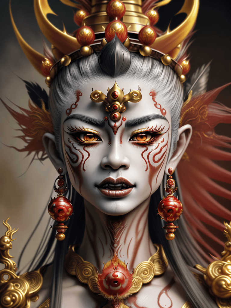 AI generated: photorealistic, ultra detailed focus on hair, Balinese demon with a crown on his head, by Kanō Tan'y...