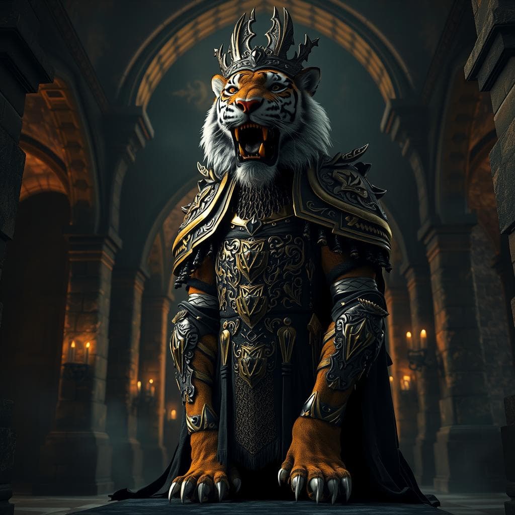 AI generated: A majestic tiger, adorned in a intricate, black and gold armor costume, inspired by the Night King f...