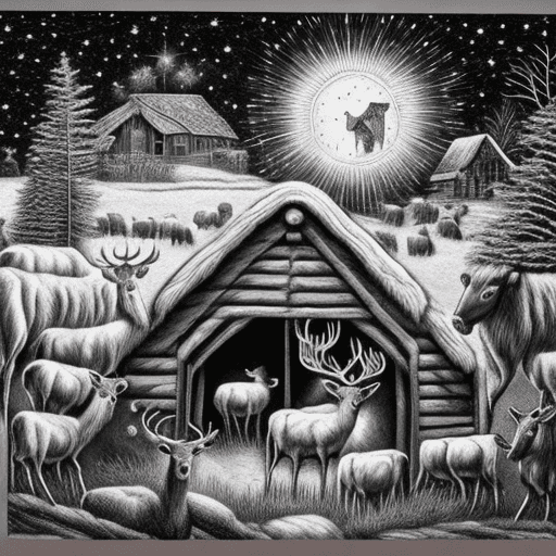 AI generated: An intricate black and white engraving depicting the Christmas scene of baby Jesus in his manger, su...