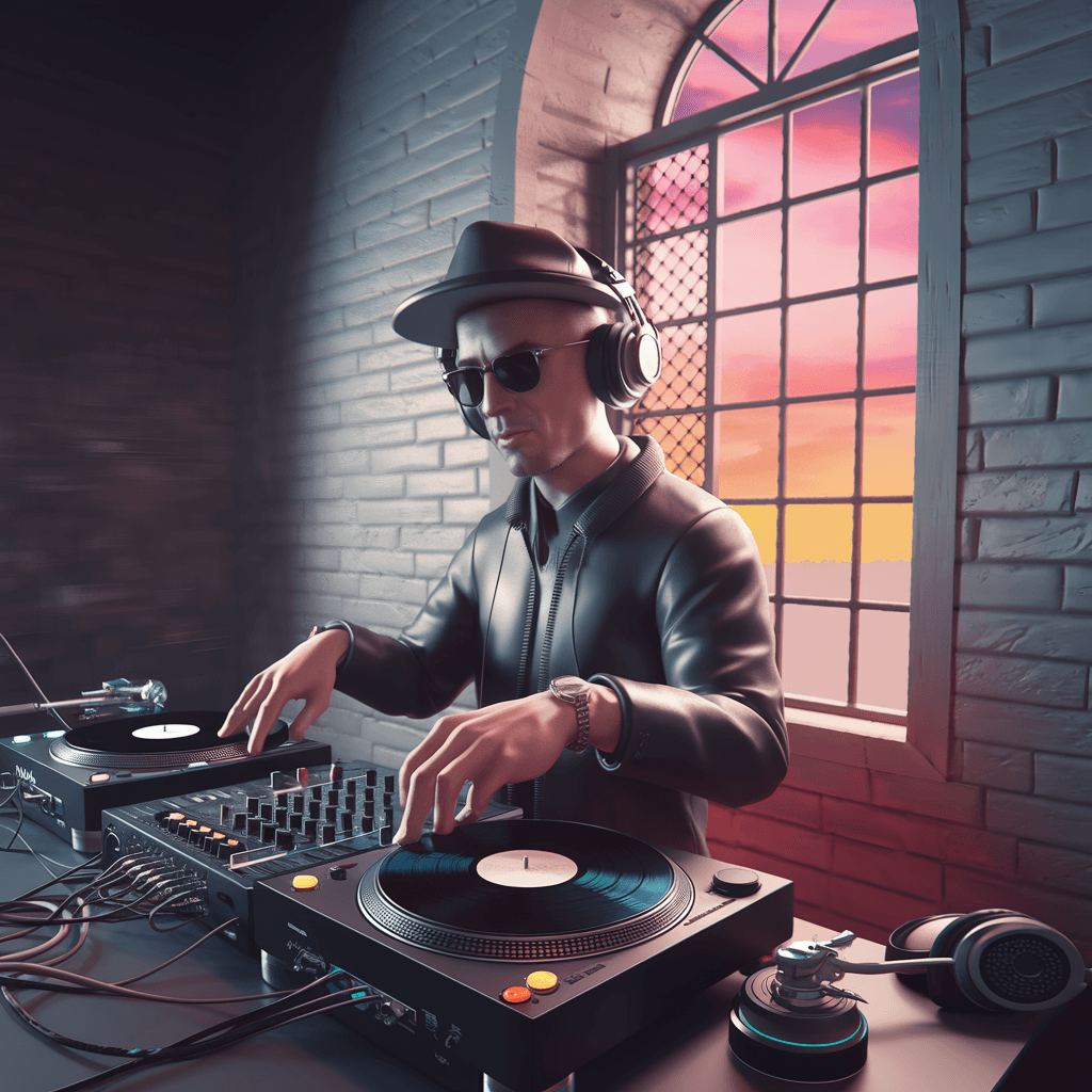 AI generated: dj at the decks mixing tunes and above ,The sky split , and it became a rose like paint . hyper-real...
