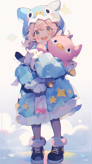 AI generated: waist up, adorable animal costume, fluffy clothing, pastel pink clothing, small yellow extra small c...
