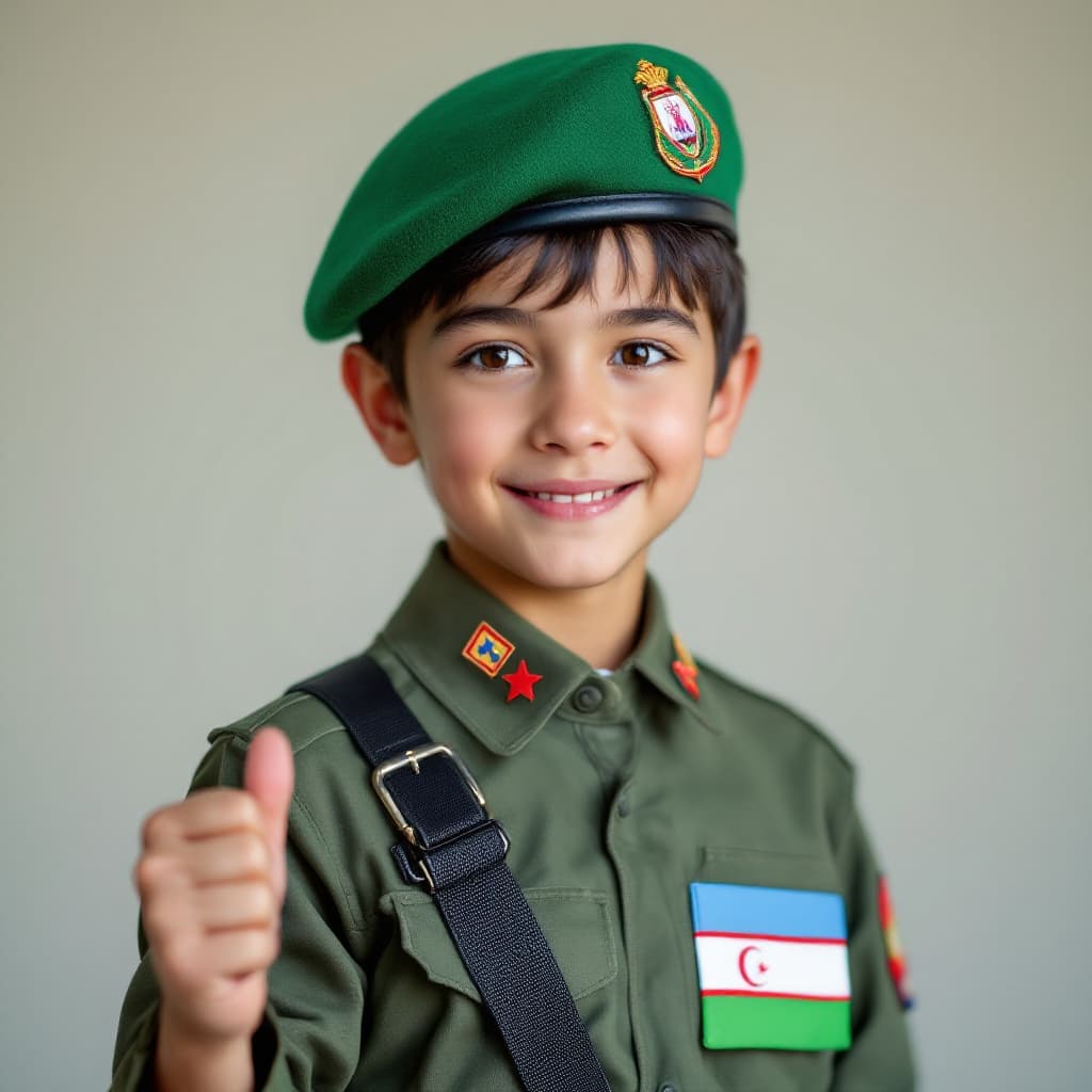 AI generated: A smiling boy dressed in the uniform of an Uzbek soldier wearing a green beret on his head with youn...