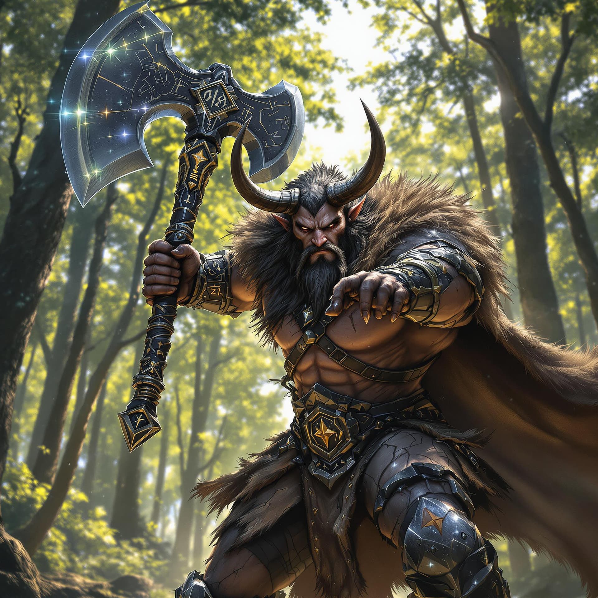 AI generated: A handsome-faced Minotaur barbarian warrior, clad in battered black chrome armor, charges forward in...