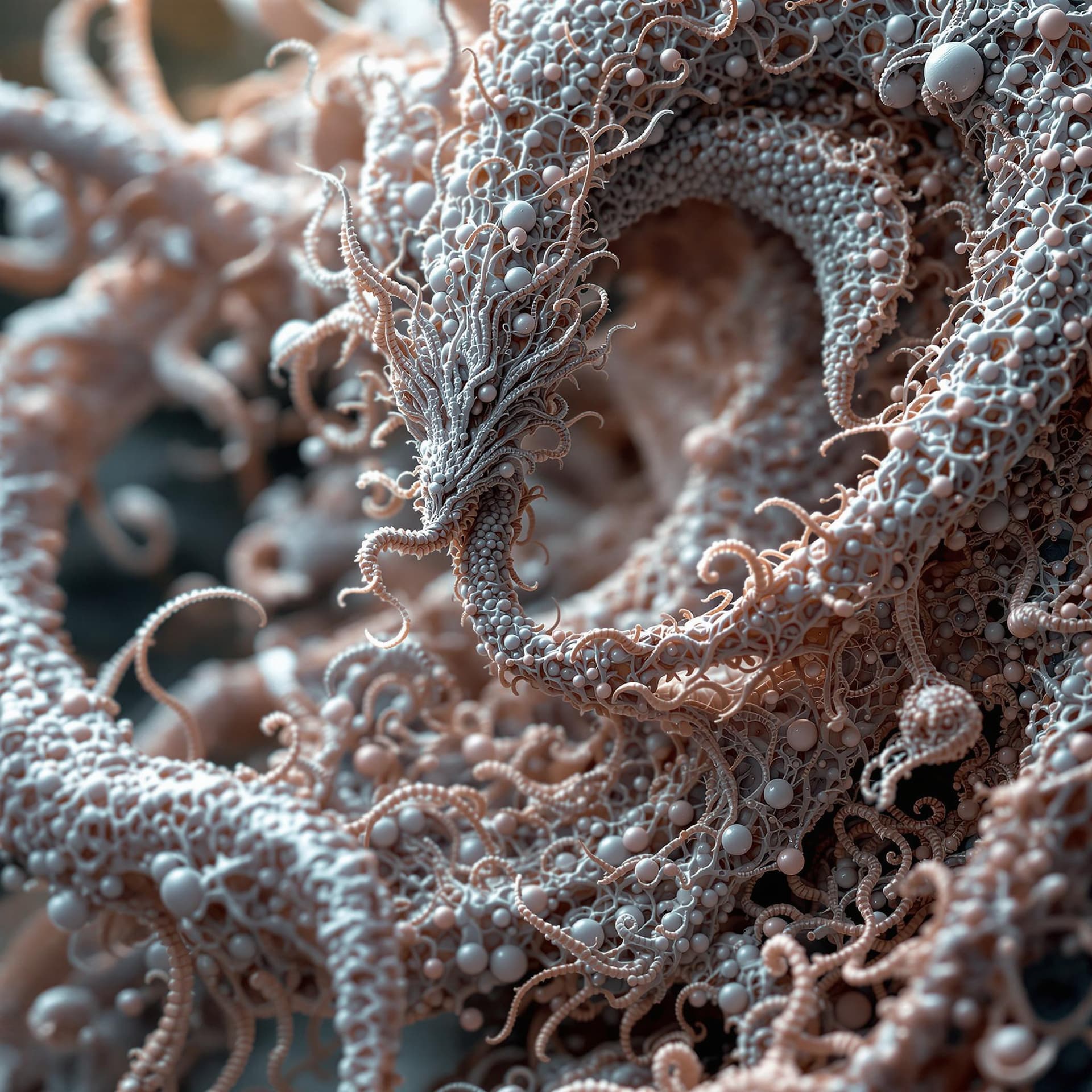 AI generated: close up dof render of a mythical creature made of detailed spiraling fractals and tendrils, detaile...