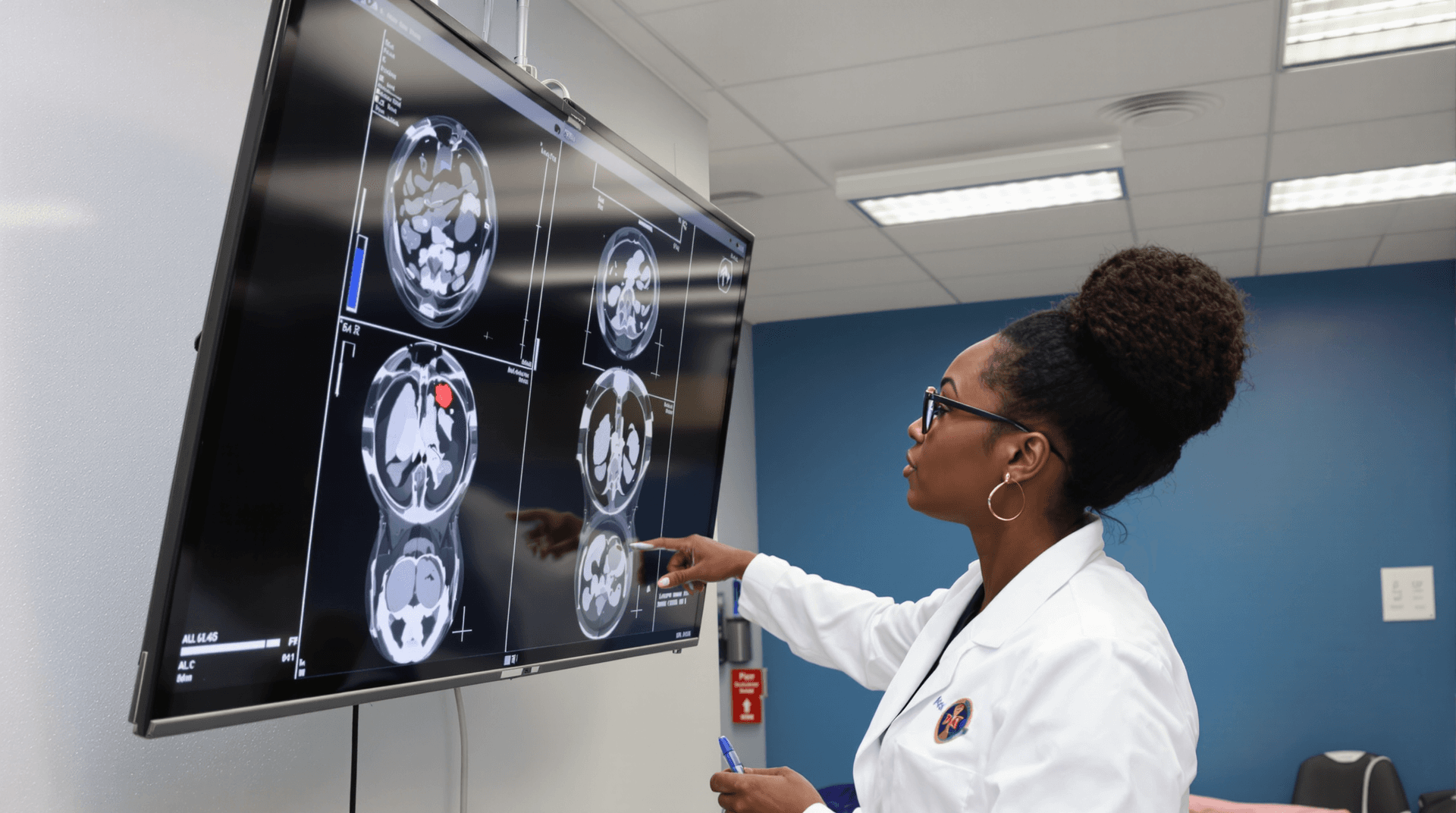 AI generated: Photograph of a woman in a white lab coat, standing in a medical imaging room, looking at a large sc...