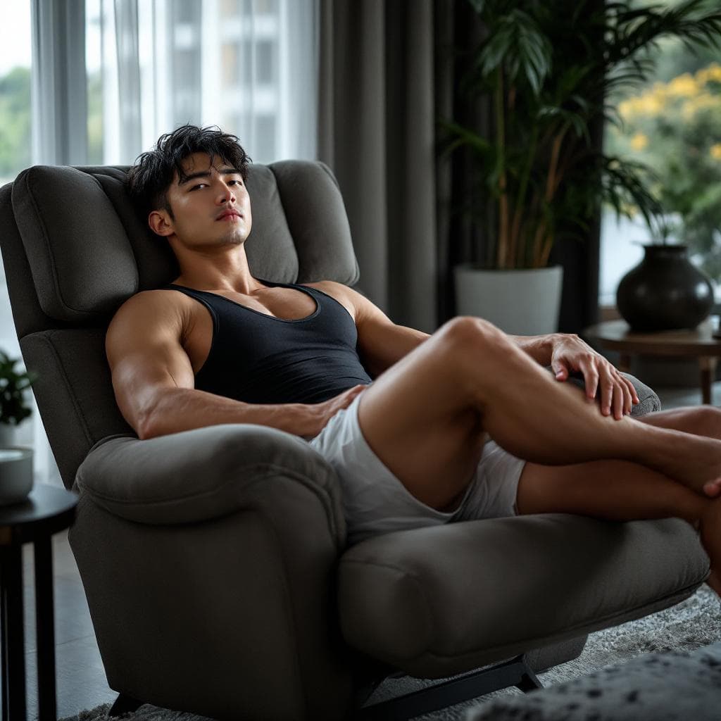 AI generated: Full-body photo of a tall, bodybuilder youthful korean man wearing a black stringer tank top and whi...