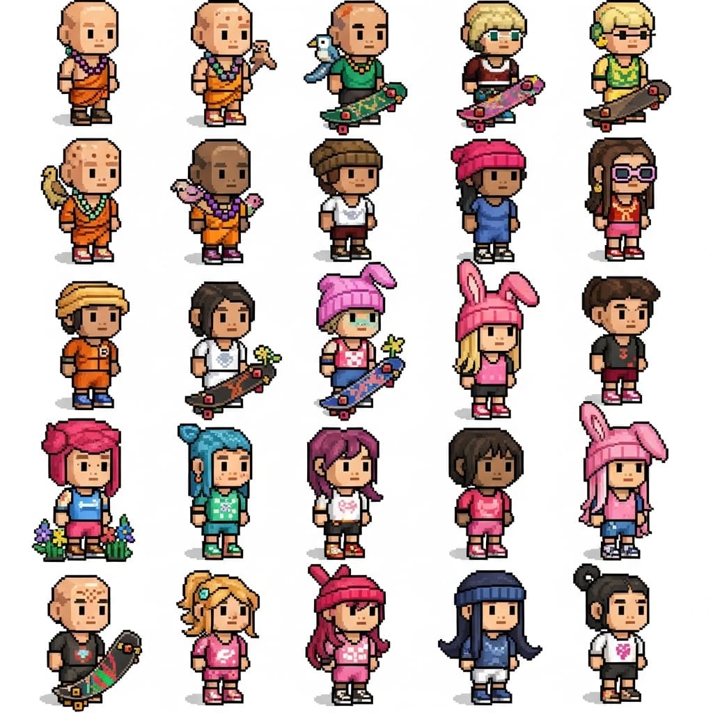 AI generated: GENERATE 100 8 bit SKATER character models lets give these characters as much customization possible...