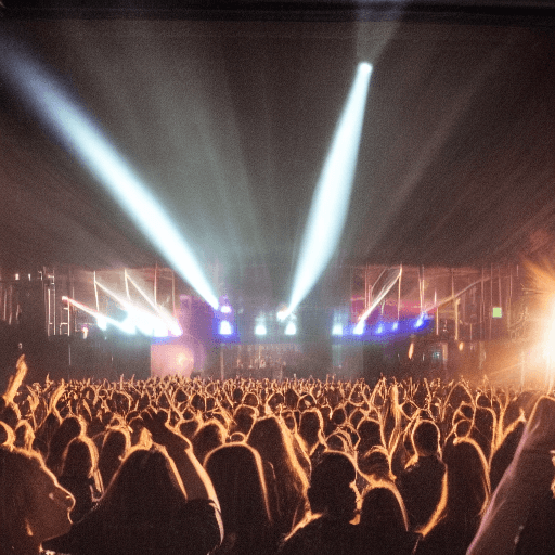 AI generated: image of a music show with a crowd in front of the stage very happy emotional dancing bright lights ...
