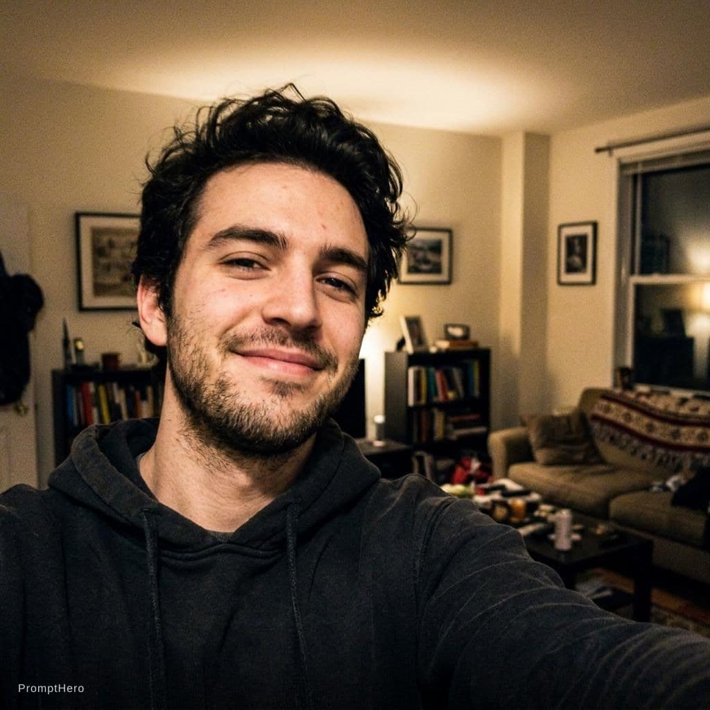 AI generated: Him, posing, handsome, selfie, low quality