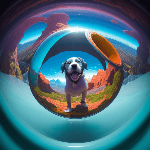 AI generated: Jake the Dog, whimsical, surreal landscape, fisheye lens, vibrant colors, playful expression, abstra...