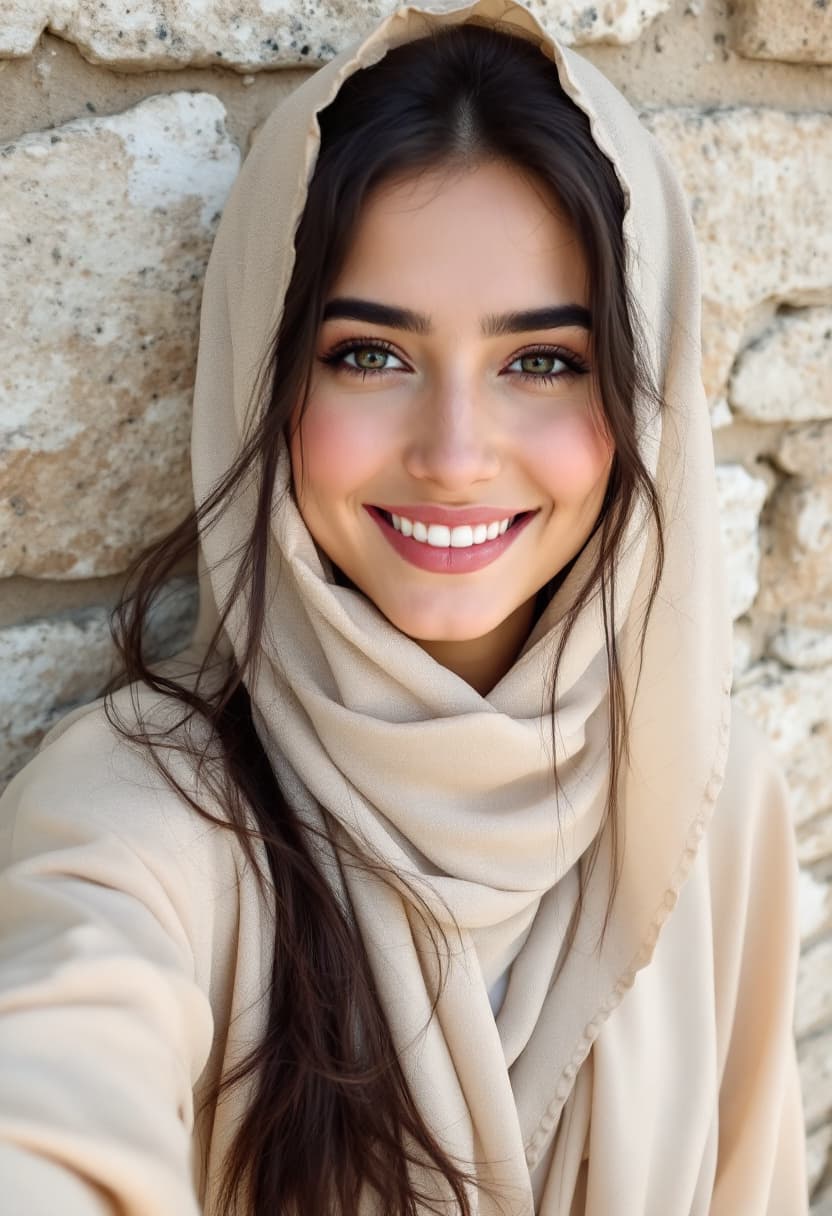 AI generated: Photograph, close-up of the face 20-year-old attractive young Muslim young women,   from iran, open ...