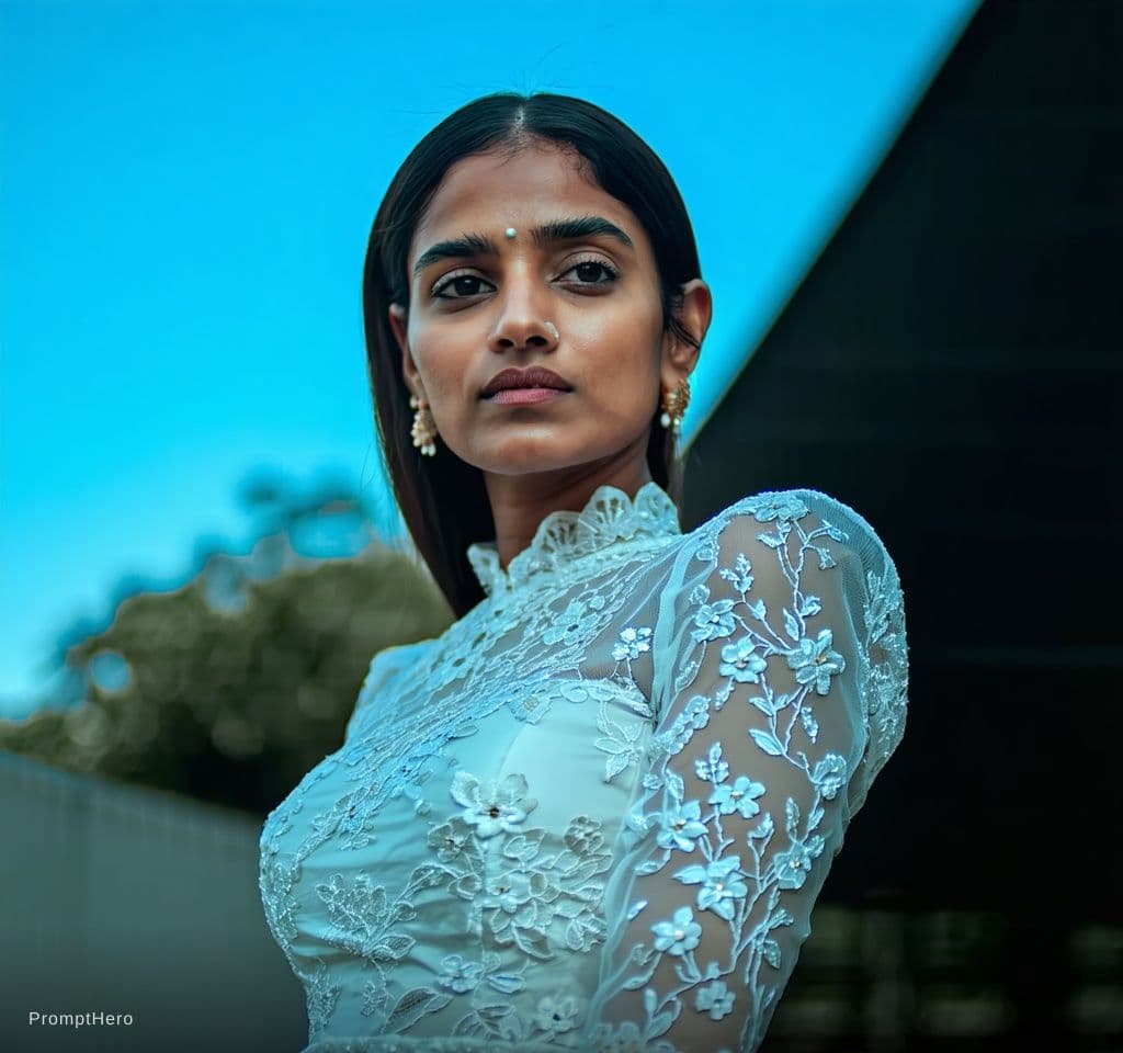 AI generated: A full shot of an Indian woman with fair skin, wearing Success Underwire Plunge Push-Up Bra, Timeles...