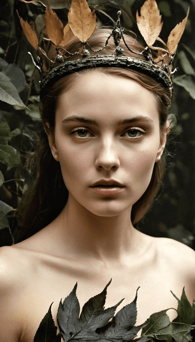 AI generated: A fashion editorial, a close-up portrait of a young woman with crown of leaves, evoking a mystical a...