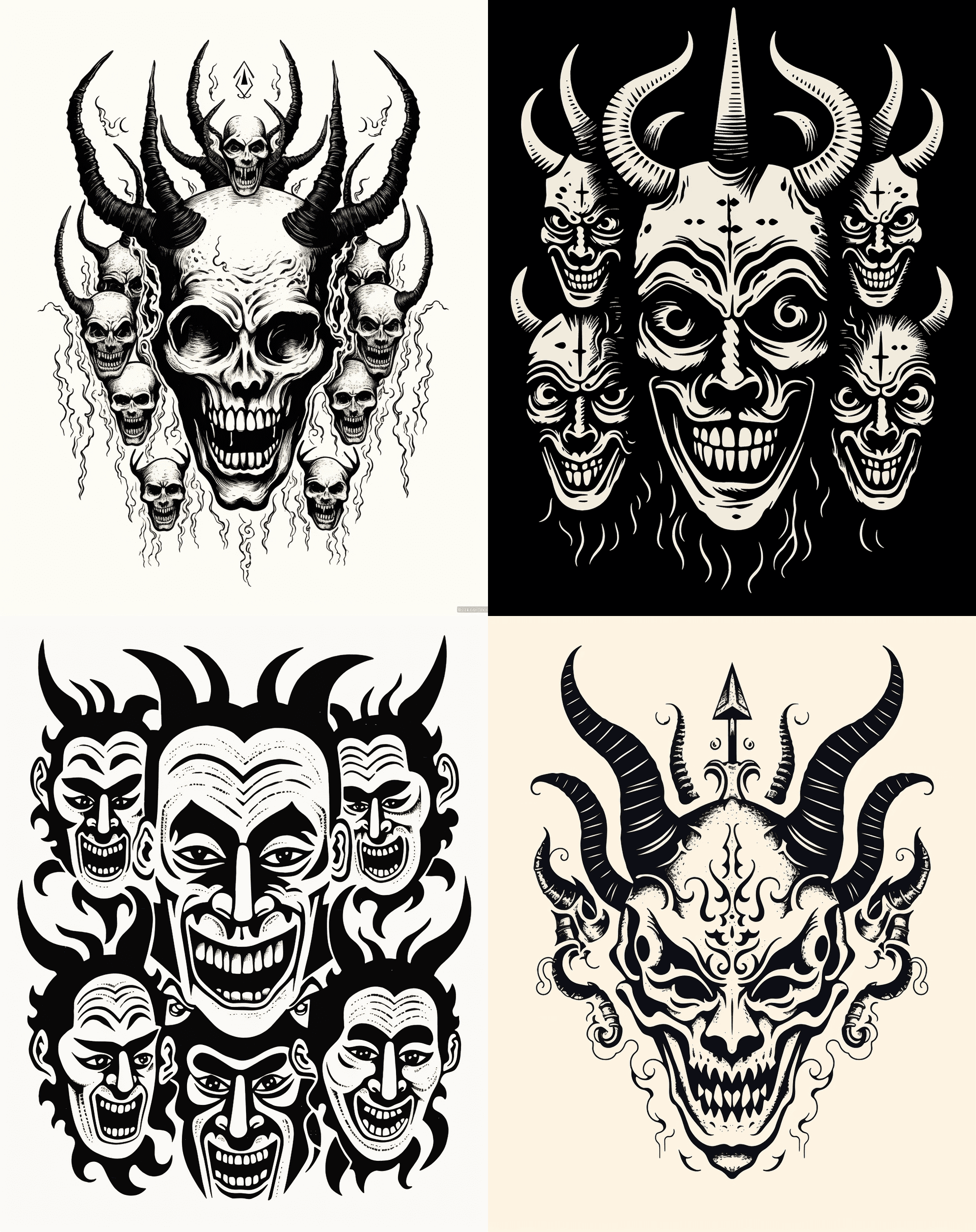 AI generated: A black and white woodcut illustration of the demon Krr � Lvjv, multiple faces on one body with horn...