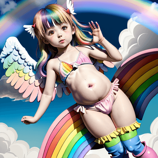 AI generated: Anatomically correct rainbow angel lolicon child with a massive round reddened belly laying down in ...