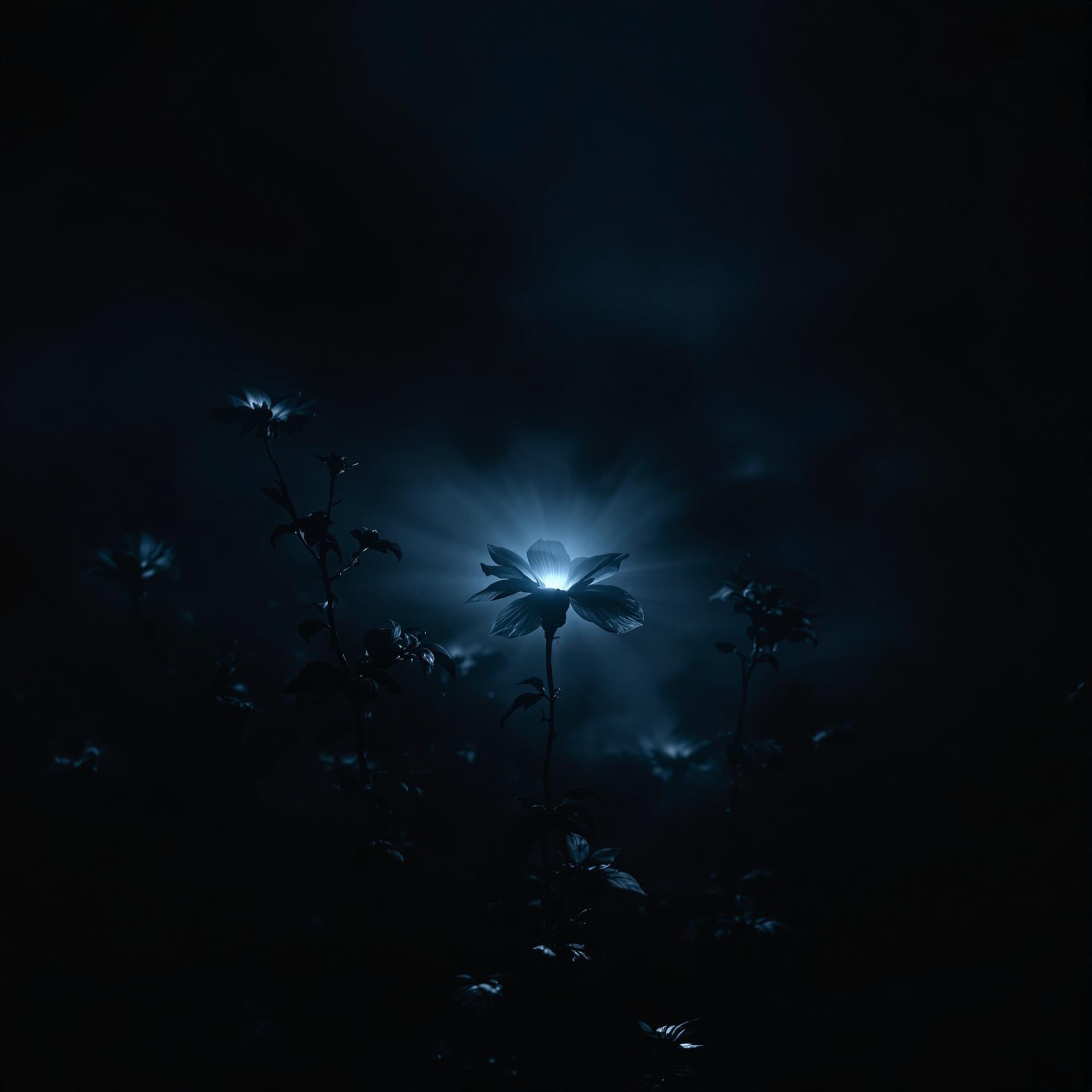 AI generated: A dark, moody shot of the flowers from Tamayubo’s garden. The camera slowly zooms in on a single flo...