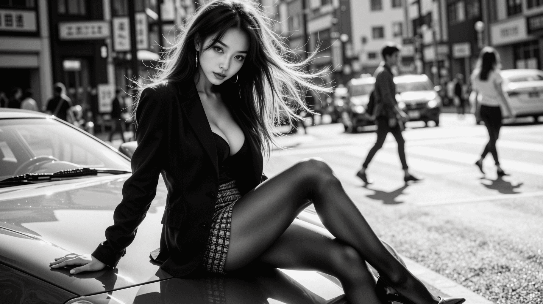 AI generated: A highly-detailed, black and white photorealistic street fashion portrait of a stunning young East A...