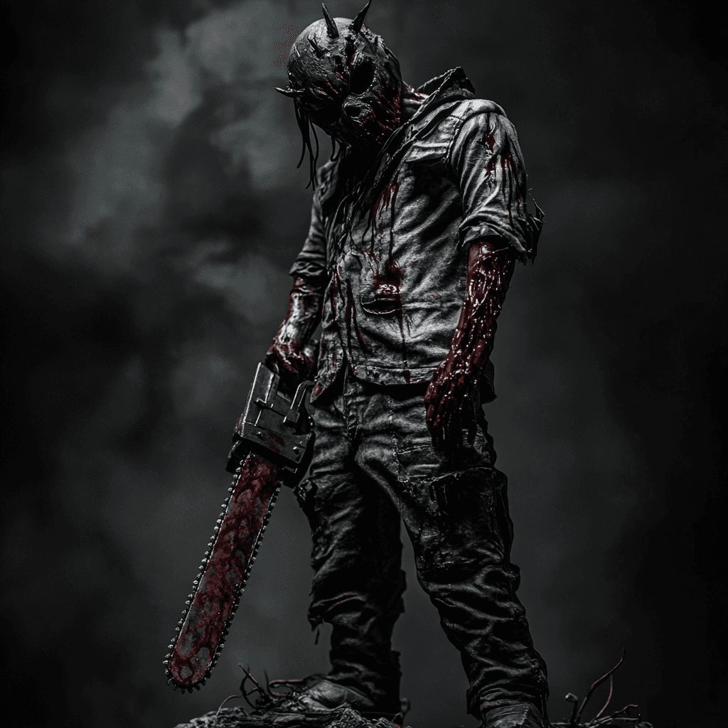 AI generated: 
In the style of a silent hill horror movie cloudy grey backround full body shot of a killer with c...