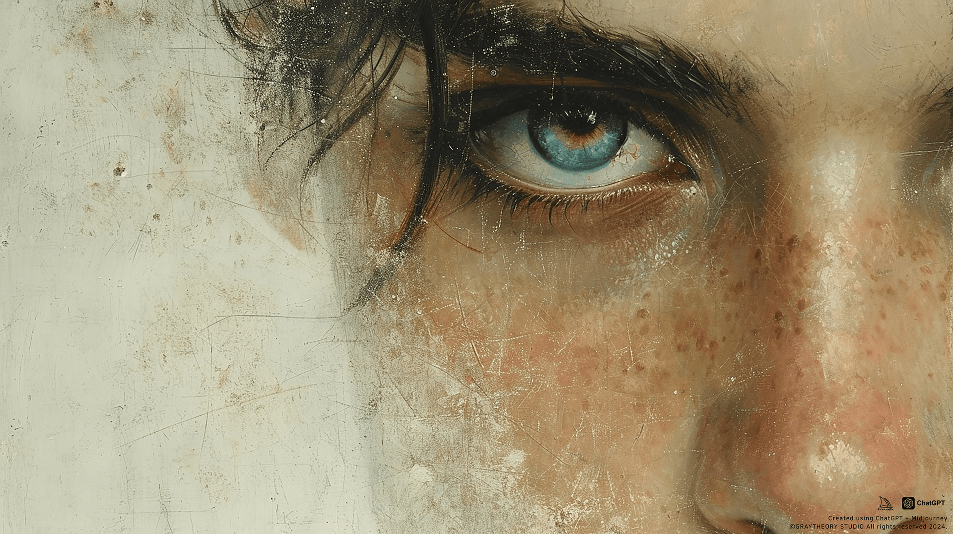 AI generated: portrait, man, oil painting, grainy painting, empty eye, minimalist avant-garde drawing, many detail...