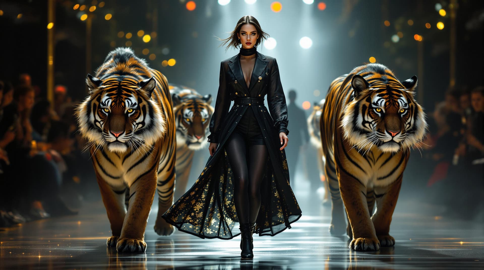 AI generated: catwalk,fashion show, beautiful model ,walking with huge felines,fictive black tigers on the sides,t...