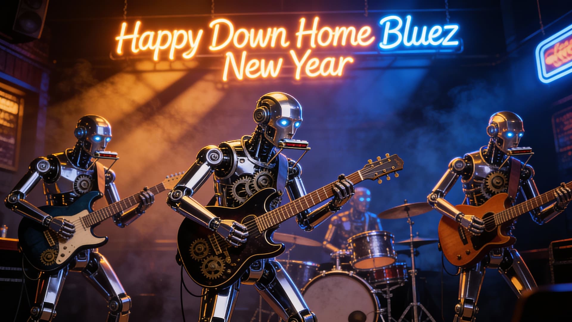 AI generated: A vibrant, high-detail image of a futuristic mechanical blues band, featuring humanoid robots with p...