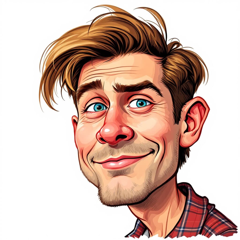 AI generated: Caricatures Word "Meng" drawing, cute Man, eye brown blonde hair, mid-20's, color , in the style of ...