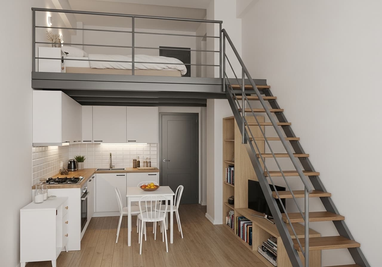 AI generated: The interior of a ground floor, two-story, single-room space in Kozani Greece, approximately 65m² th...