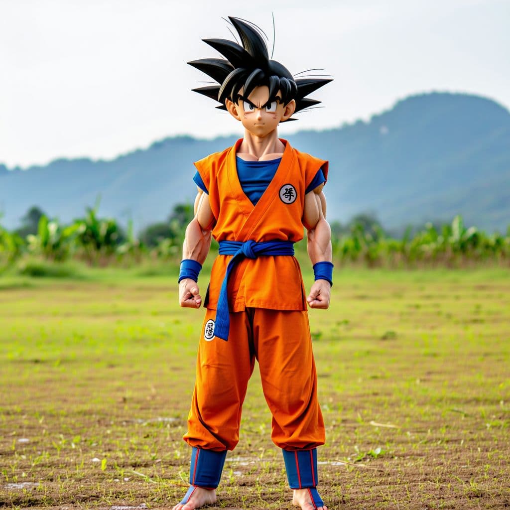 AI generated: A full-body realistic portrait of Son Goku from the first episode of Dragon Ball. He has black spiky...