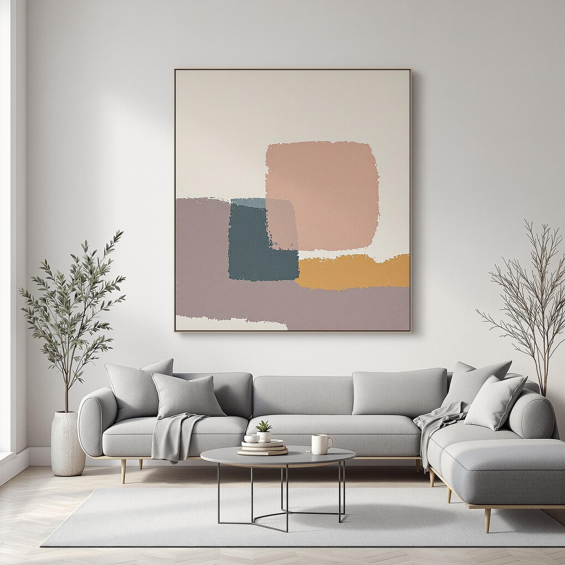 AI generated: Hyper realistic，A modern minimalist geometric composition::2 in desaturated mauve, sand beige and mi...