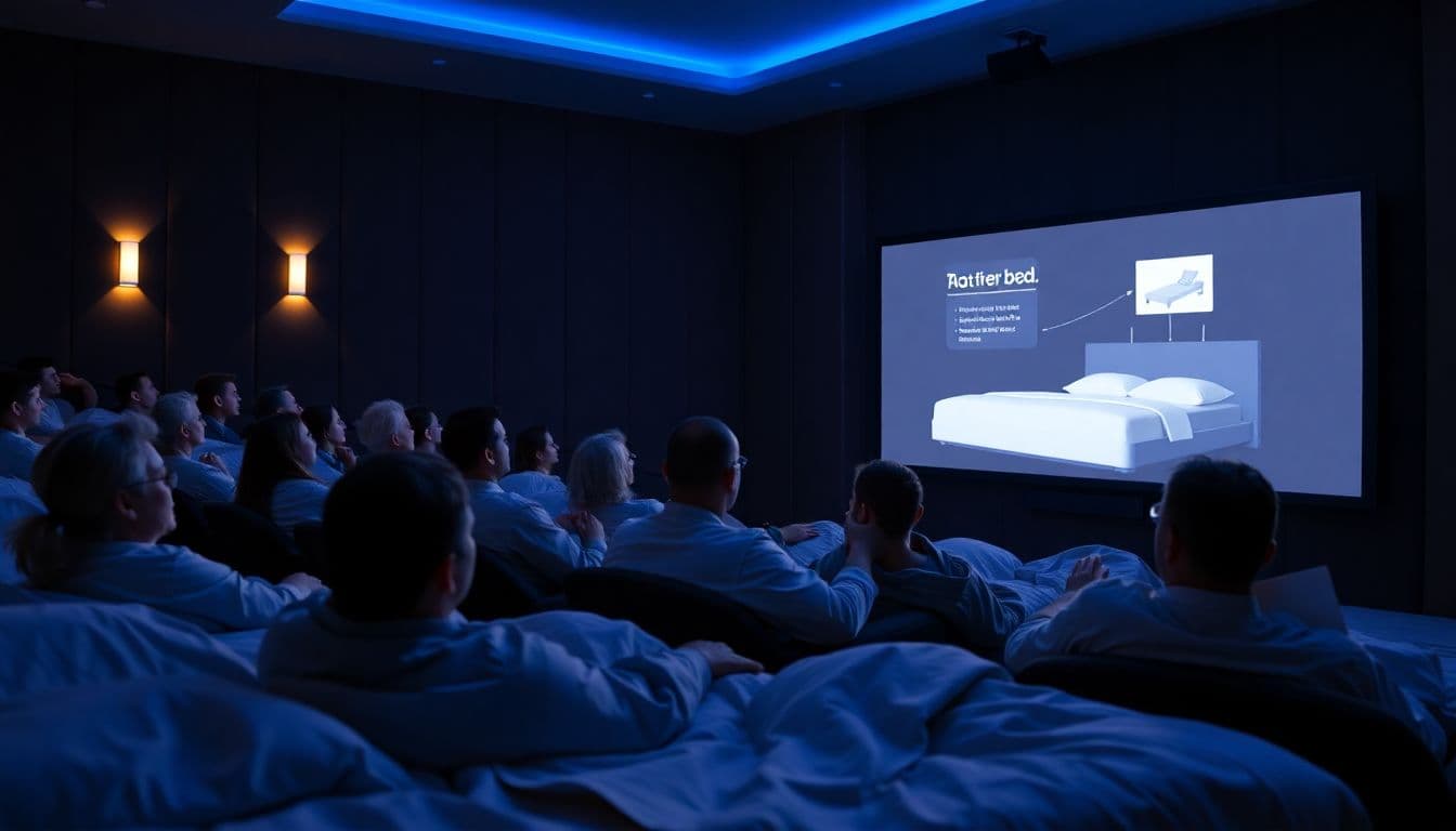 AI generated: People in beds in a movie theater are looking at the screen. And on the screen, a teacher with a poi...