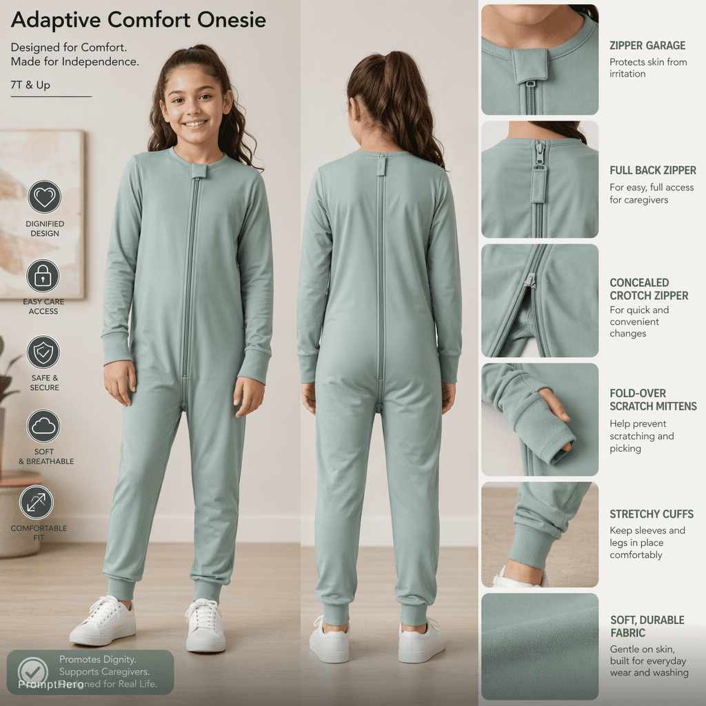 AI generated: Create a onesie similar to a toddler but would fit special needs children that can't take care of th...