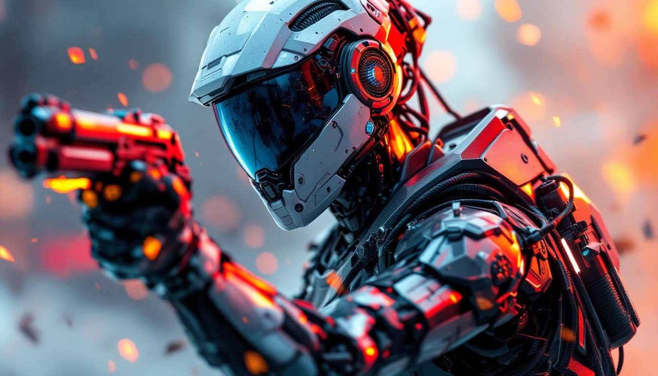 AI generated: A cyborg female soldier fighting in a warzone bright background, masterpiece, best quality, super de...