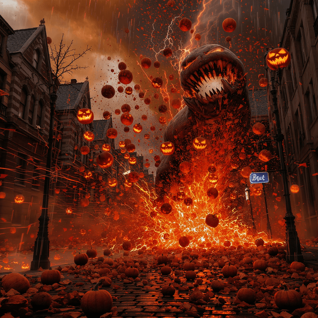 AI generated: Jack-o’-Lantern Storm — hundreds of pumpkins rain from the sky, their carved faces glowing, smashing...