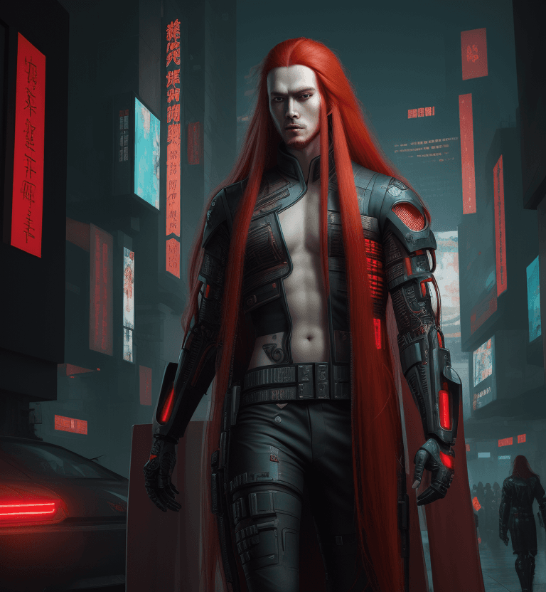 AI generated: Cyberpunk, Long Red Hair Man, Chinesse, Traditional futuristic Clothes, High Resolution