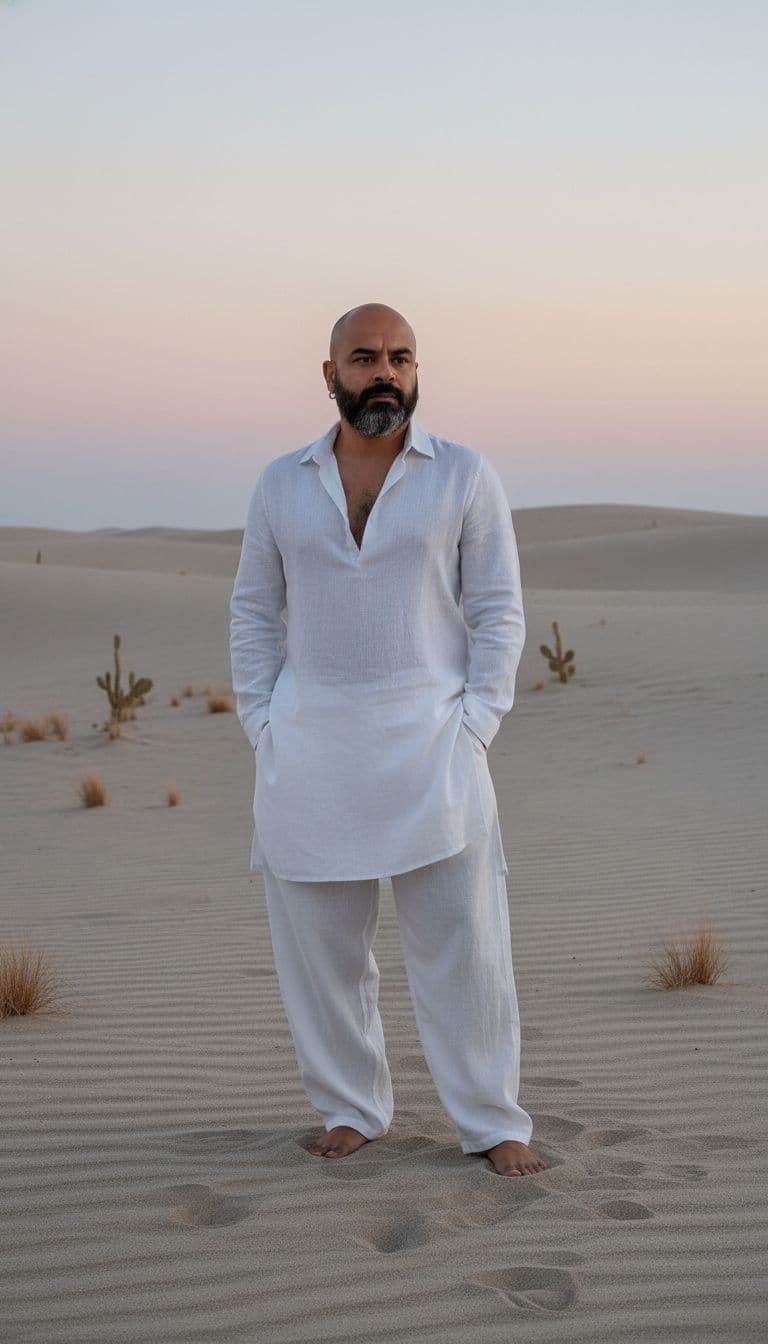 AI generated: Reimagine this photo as if it were taken in a tranquil, minimalist desert landscape at dusk with WEA...
