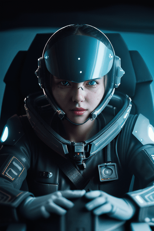 AI generated: hyperrealistic and intricate detail portrait of pilot with futuristic full face covered helmet| sitt...
