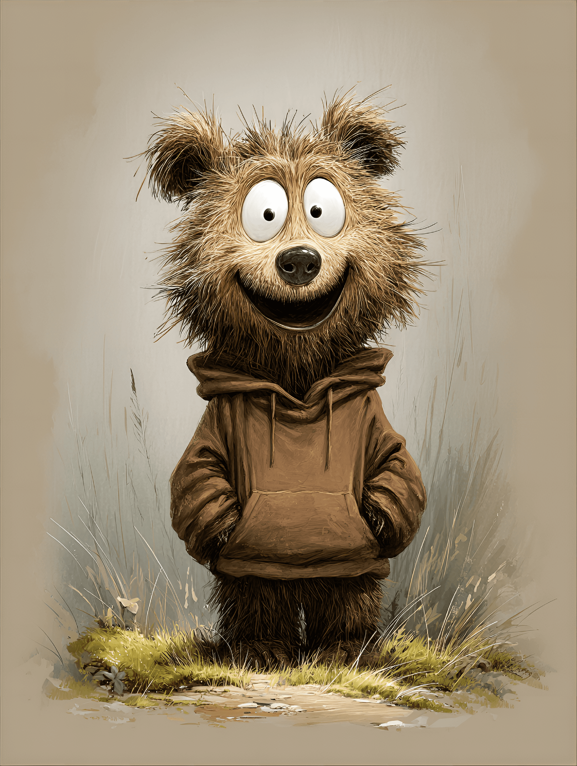AI generated: funny caricature, wild bear caricature, young bear, 3 years old, fluffy brown fur, round eyes, small...