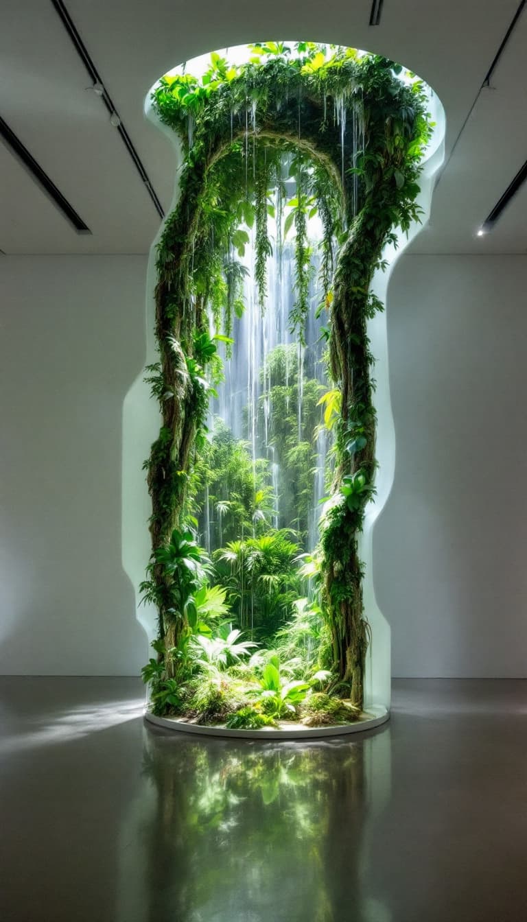 AI generated: in the middle of surreal museum exposition, a sliced representation of the rainy jungles of ecuador,...