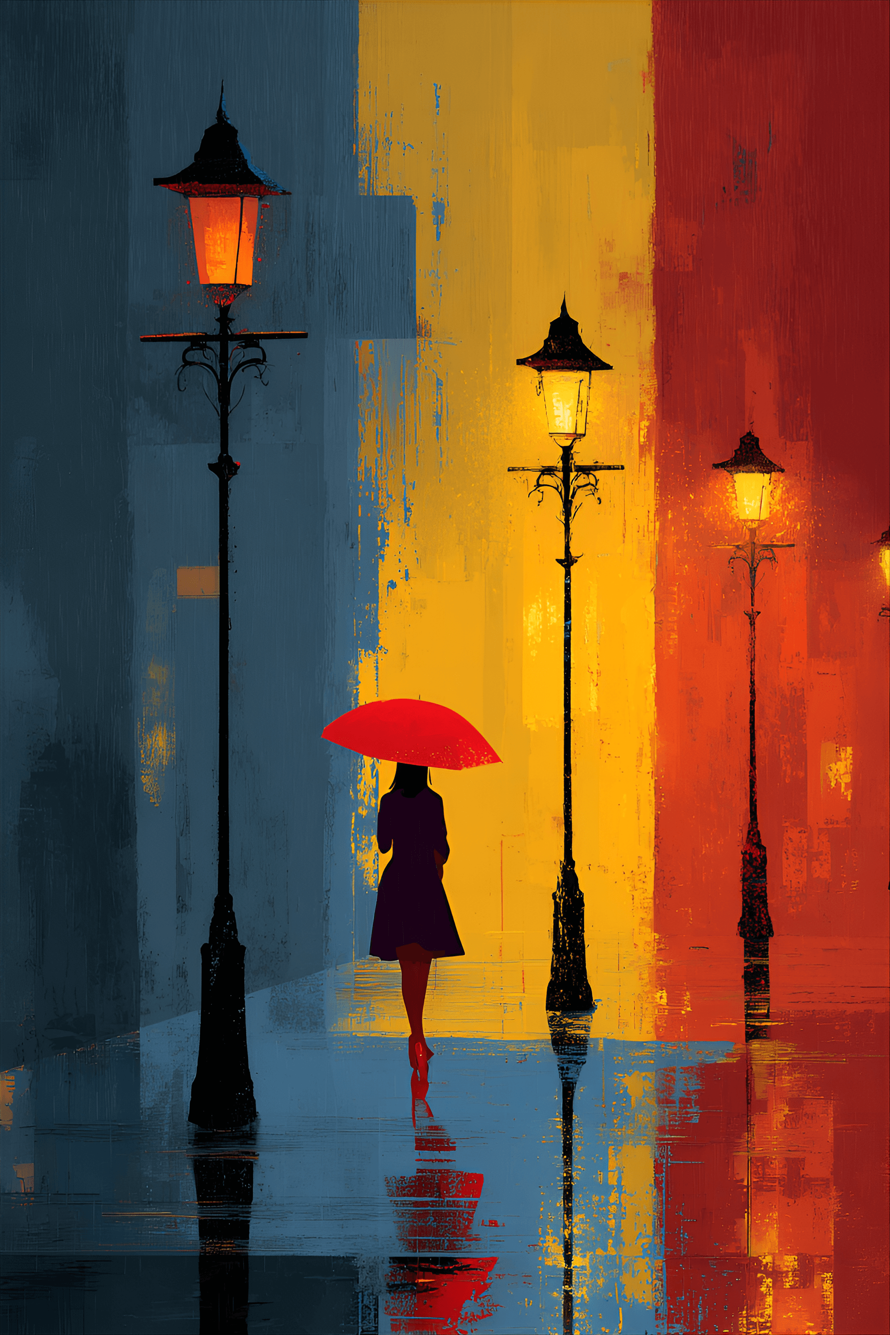 AI generated: digital painting depicts a woman walking under a red umbrella in the rain at night. The woman is see...