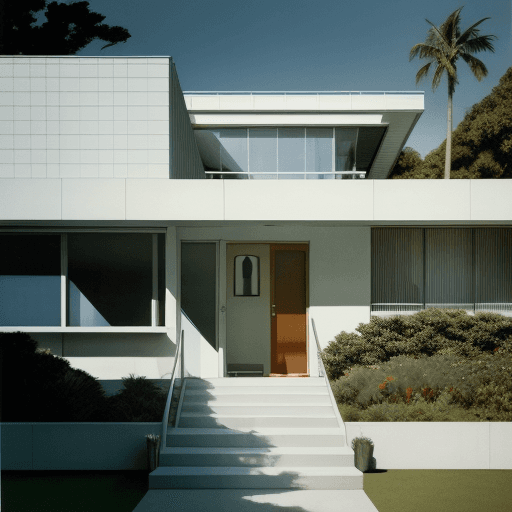 AI generated: Hyper realistic eye level exterior photo of a mid century modern style house overlooking the ocean, ...