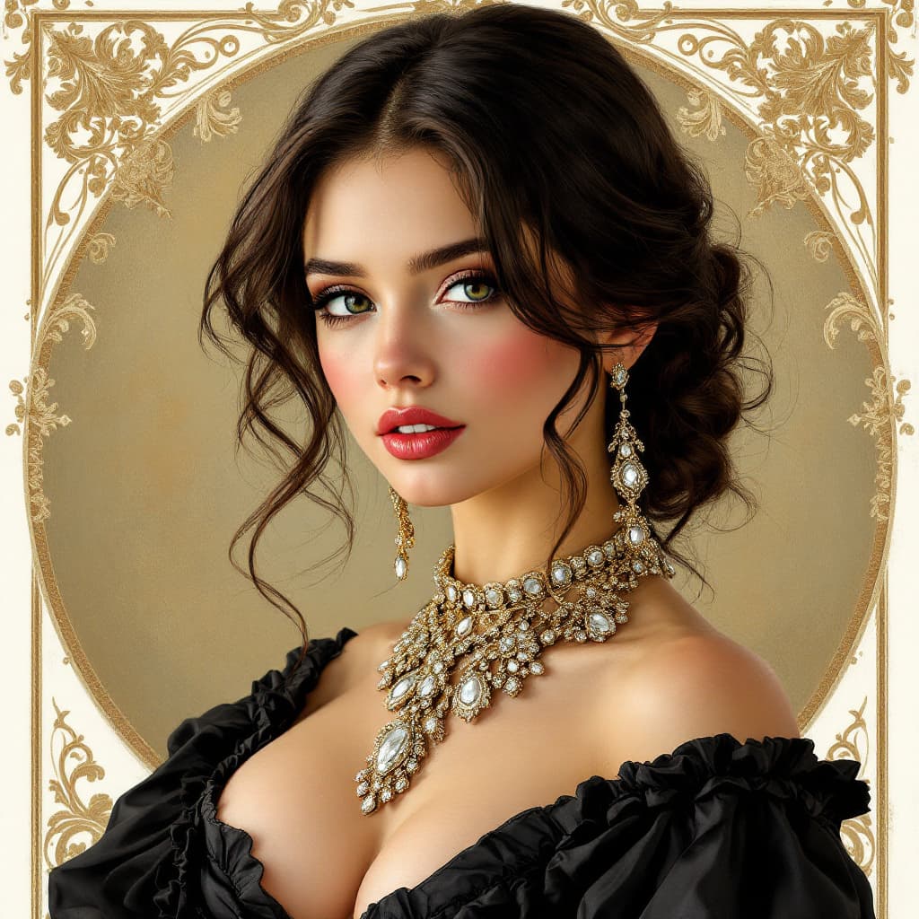 AI generated: A detailed painting of a wealthy girl wearing an elegant necklace, depicted in a luxurious setting. ...