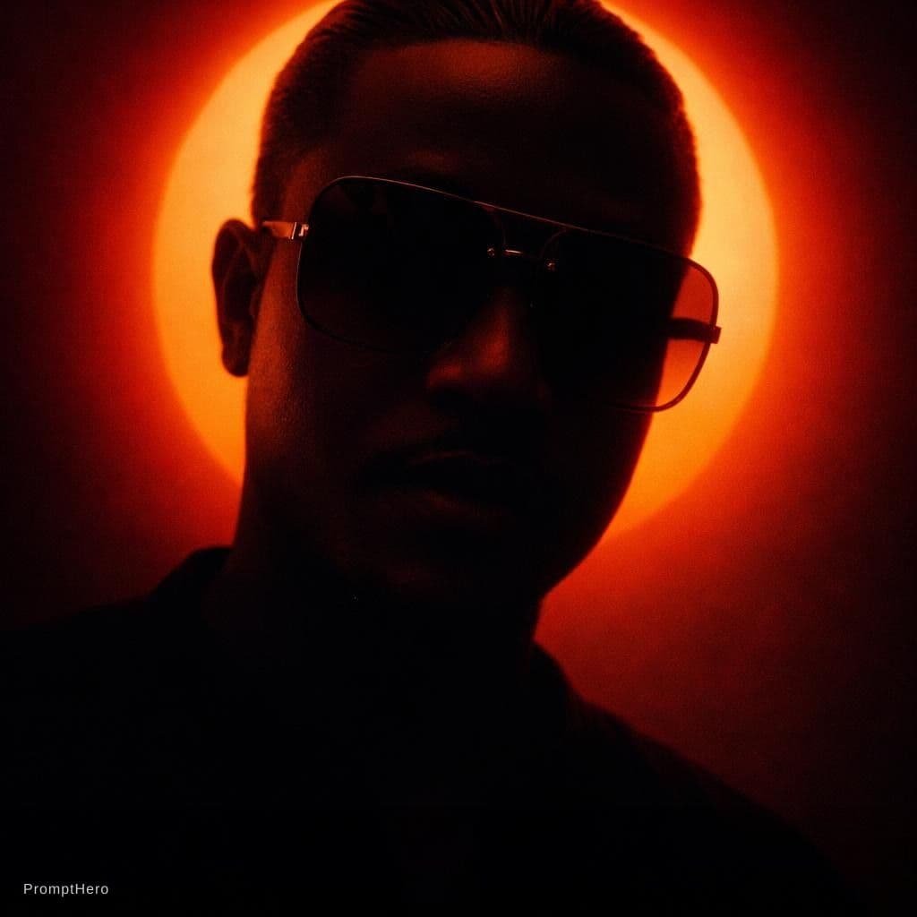 AI generated: A person with slicked-back dark hair wearing oversized square sunglasses is shown in a dramatic, cin...