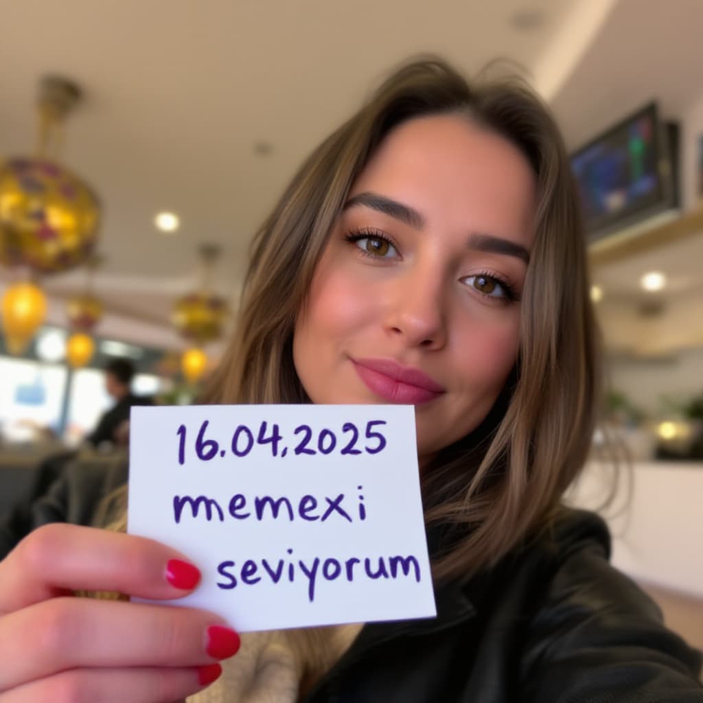 AI generated: Selfie of a lady holding a handwritten small sign that says, “16/04/2025” “memexi seviyorum” 