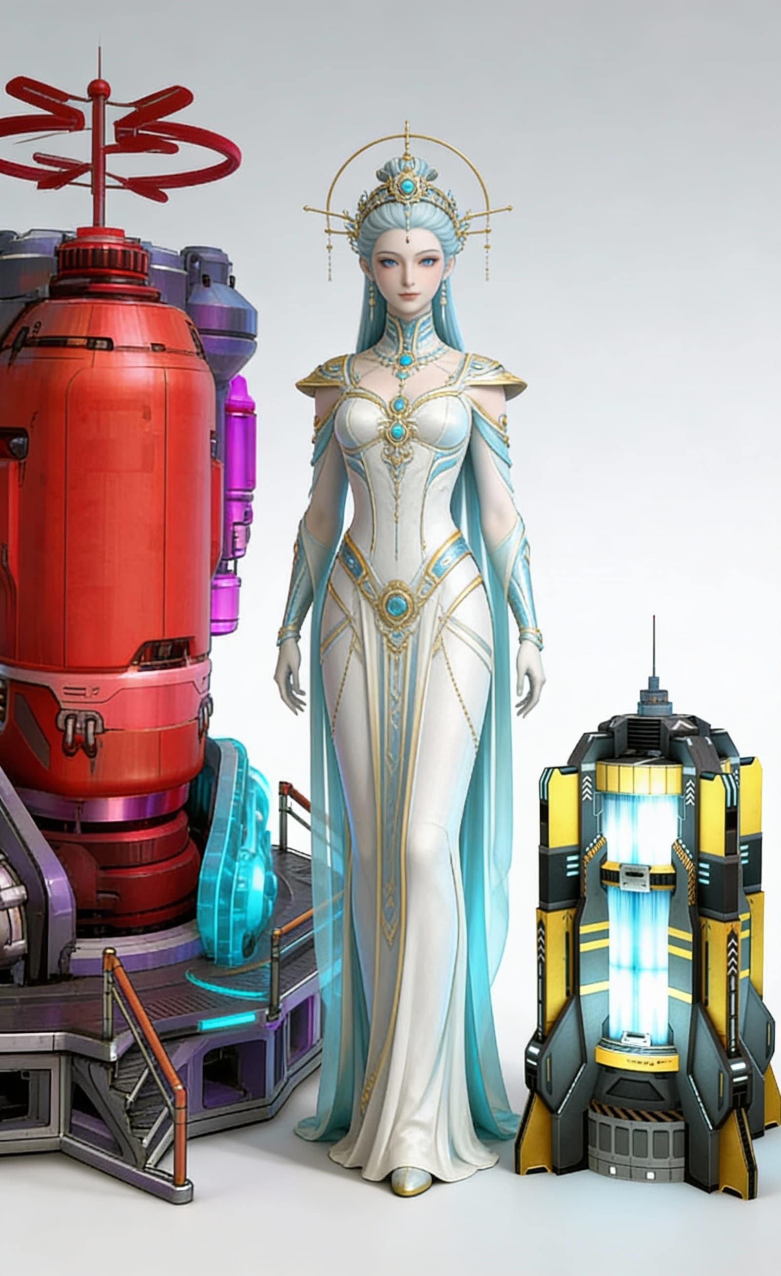 AI generated: Use Reference Images to imagine, in detail, a Spacecraft Anti-Grav Drive. Show three devices side-by...