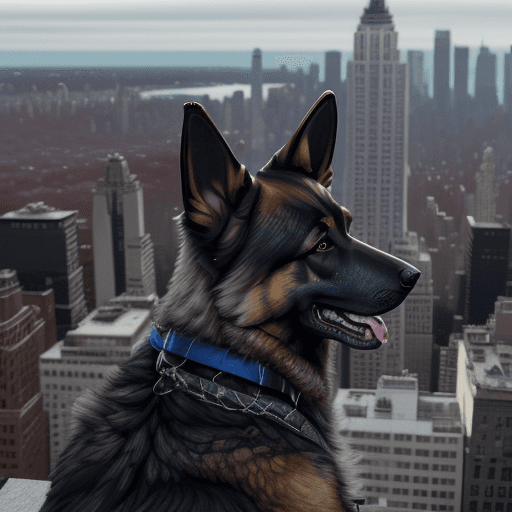 AI generated: a realistic german shepherd wearing a black face mask, sitting on top of a grey building looking dow...