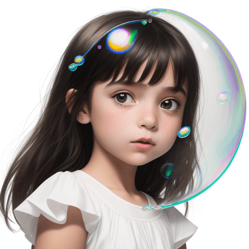 AI generated: "9-year-old girl holding a bubble above her head, white background"