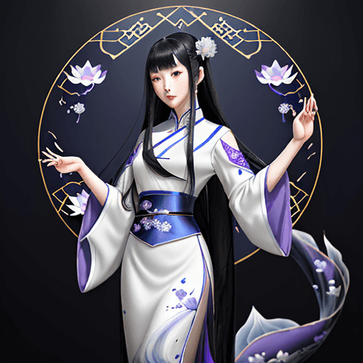 AI generated: Chinese girl with long black hair, blue and purple , white dress in the style of Hanfu, crystal clea...