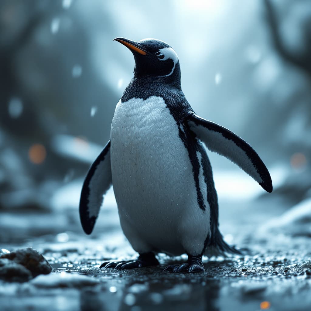 AI generated: a gentoo penguin taken as host by Venom the symbiote, realistic, hd texture