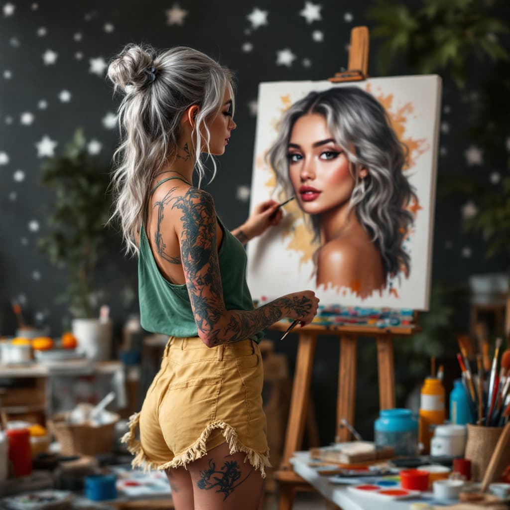 AI generated: A stunning high quality photo of a beautiful and gorgeous 24 year girl with tattoos on her arms and ...